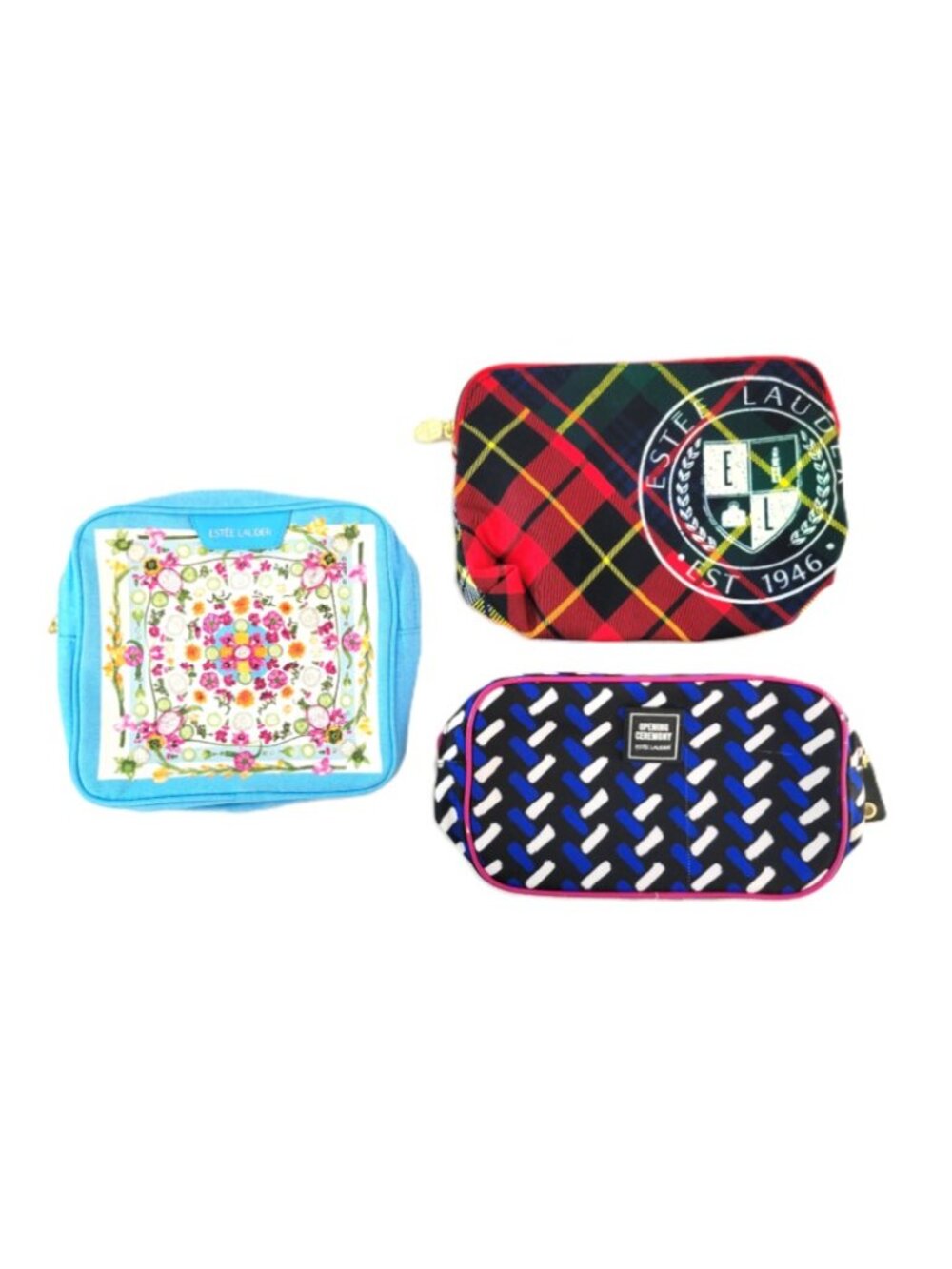 Lot of 3 Estée Lauder Makeup Bags Opening Ceremony Plaid 1946 Floral Blue